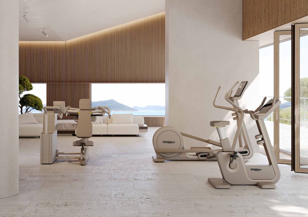 Moderne thuisgym met beige fitnessapparatuur, minimalistisch interieur, panoramisch zeezicht en berglandschap op achtergrond.